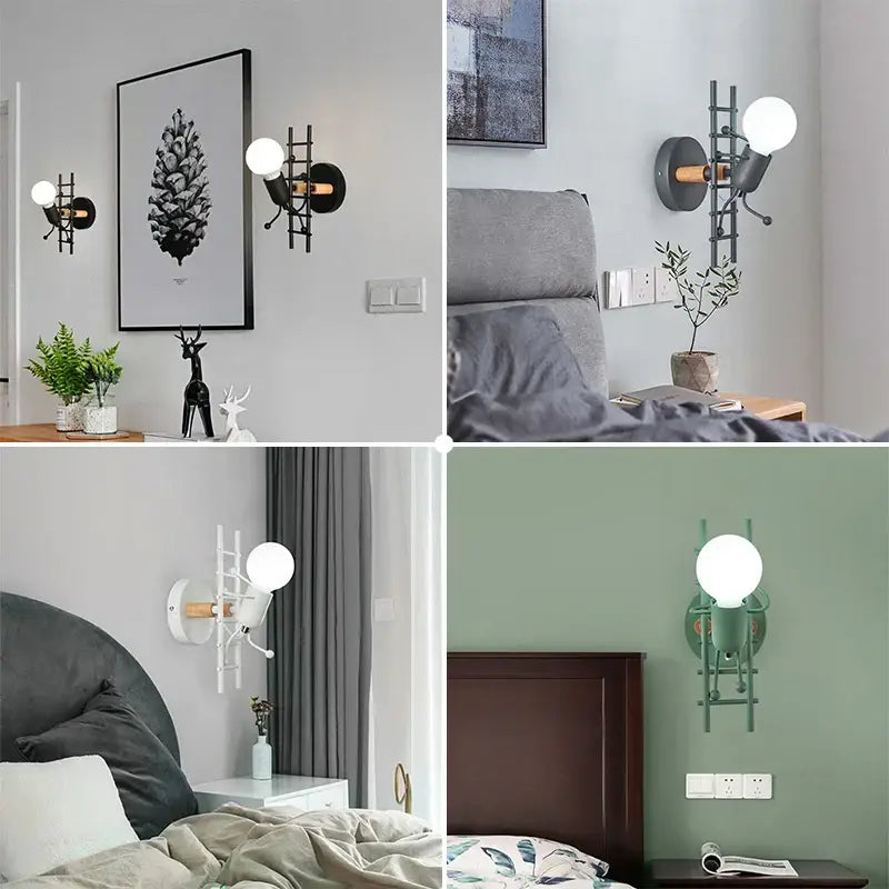Modern industrial cartoon matchstick man wall lamp black metal sconce with spherical bulb for kids room decorbites wall lamp