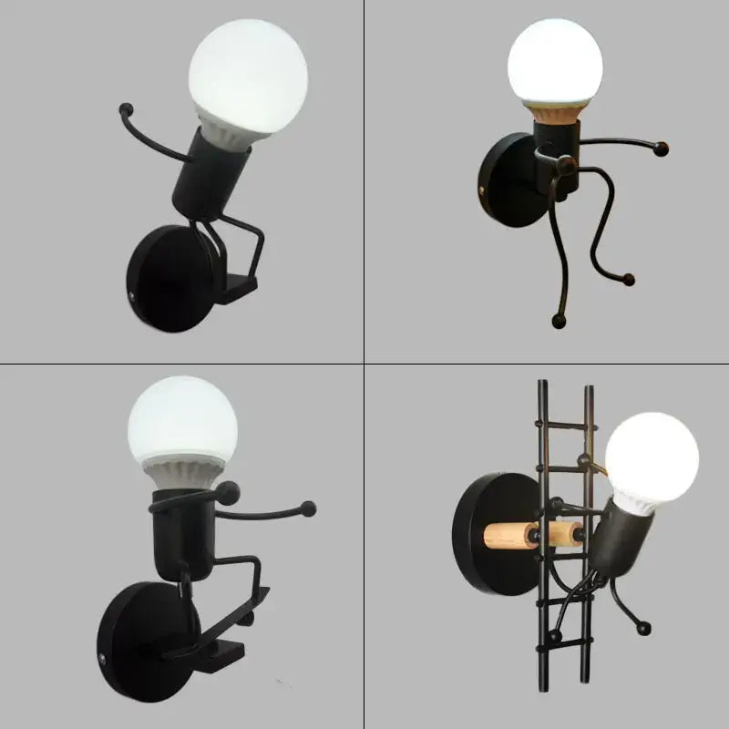 Black metal wall lamp decorbites cartoon matchstick man sconce with illuminated globe bulb for kids room decor