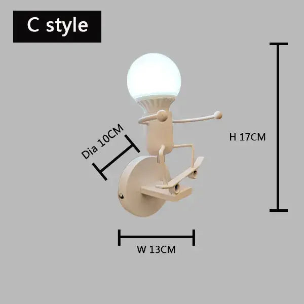 Beige wall lamp with whimsical cartoon matchstick man design black metal sconce frosted bulb for kids room decorbites cartoon matchstick