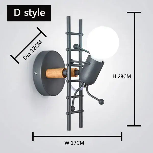 Industrial-style cartoon matchstick man wall lamp with black metal ladder design and wooden handle accents for kids room decorbites wall lamp