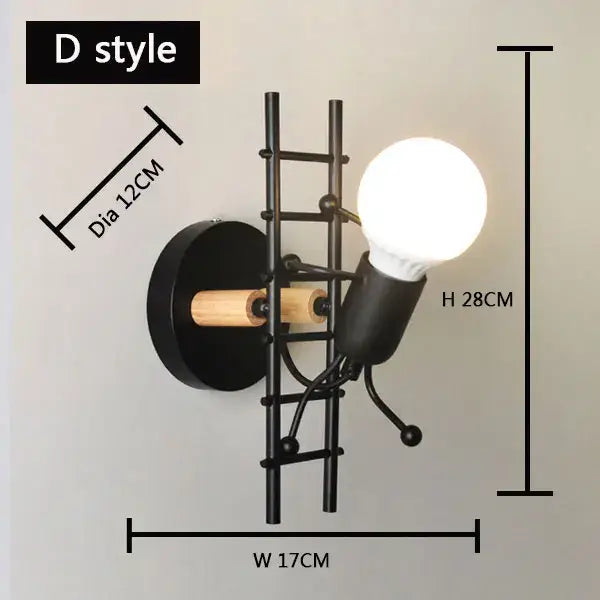 Black metal ladder style wall lamp with wooden accents and spherical bulb decorbites cartoon matchstick man for kids room