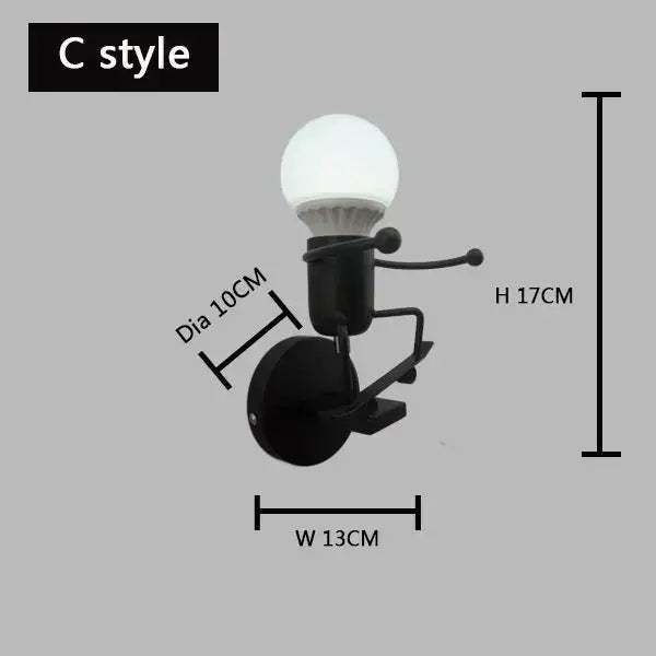 Black c-style wall lamp with spherical bulb and articulated arm decorbites cartoon matchstick man metal sconce for kids room
