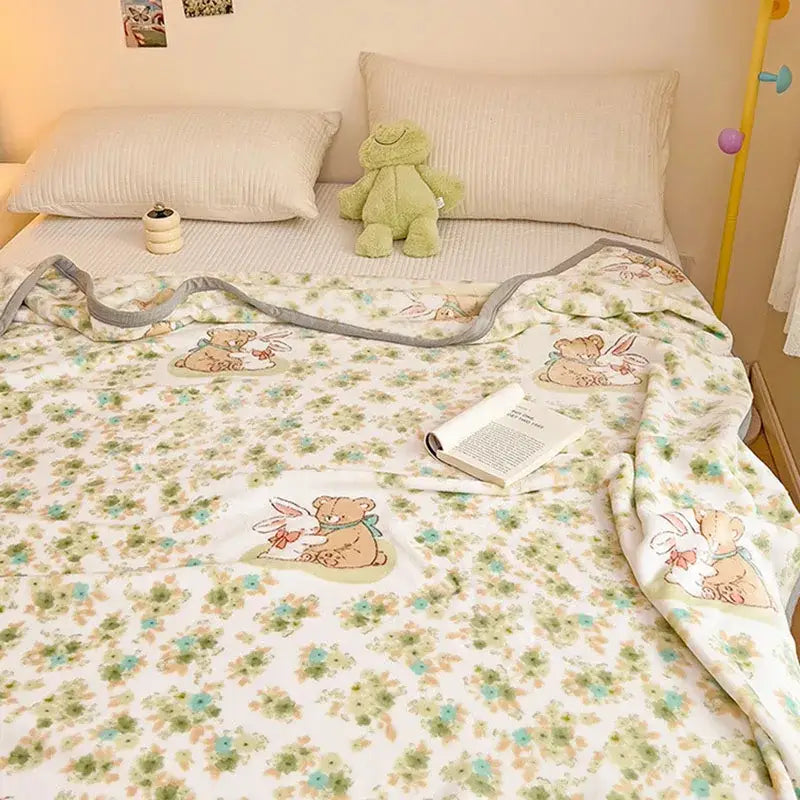 Soft white decorbites cartoon milk velvet blanket with green blue floral pattern and embroidered teddy bear and rabbit designs