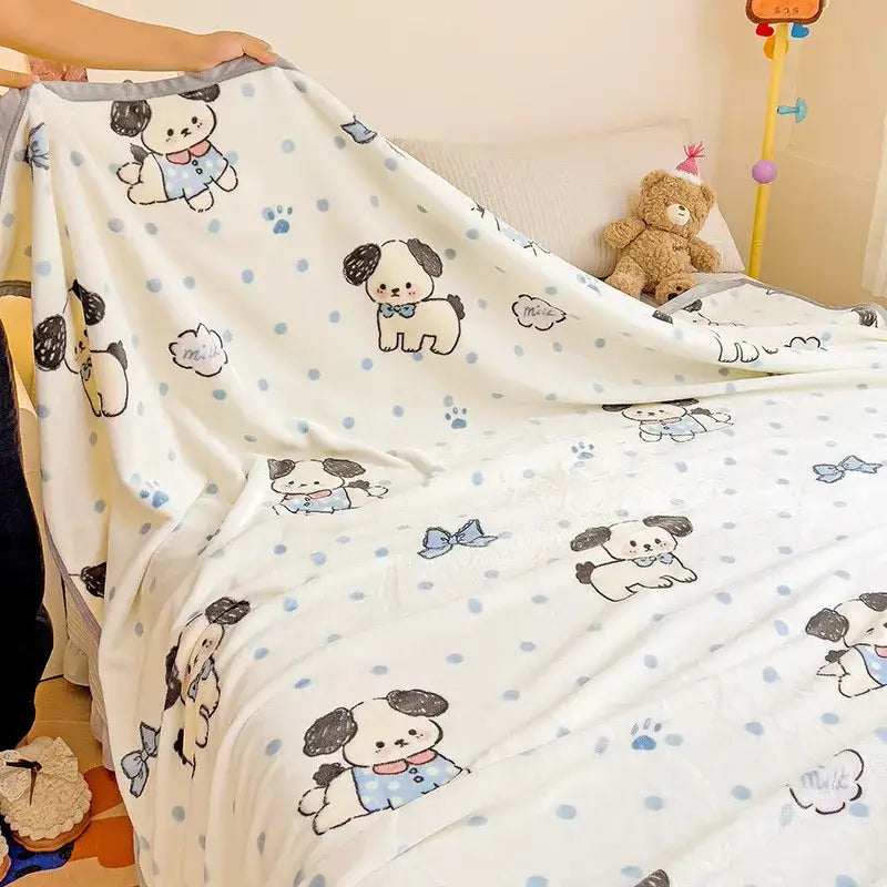 White plush cartoon milk velvet teddy bear blanket with blue puppy pattern and light blue polka dots for decorbites cartoon milk