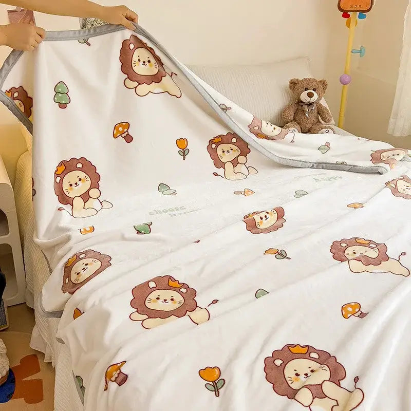 White cartoon milk velvet teddy bear blanket with cute lions mushrooms print and soft gray border for decorbites decor