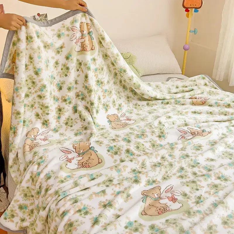 Cartoon milk velvet soft white floral bedroom throw with adorable bears holding rabbits and green blue accents