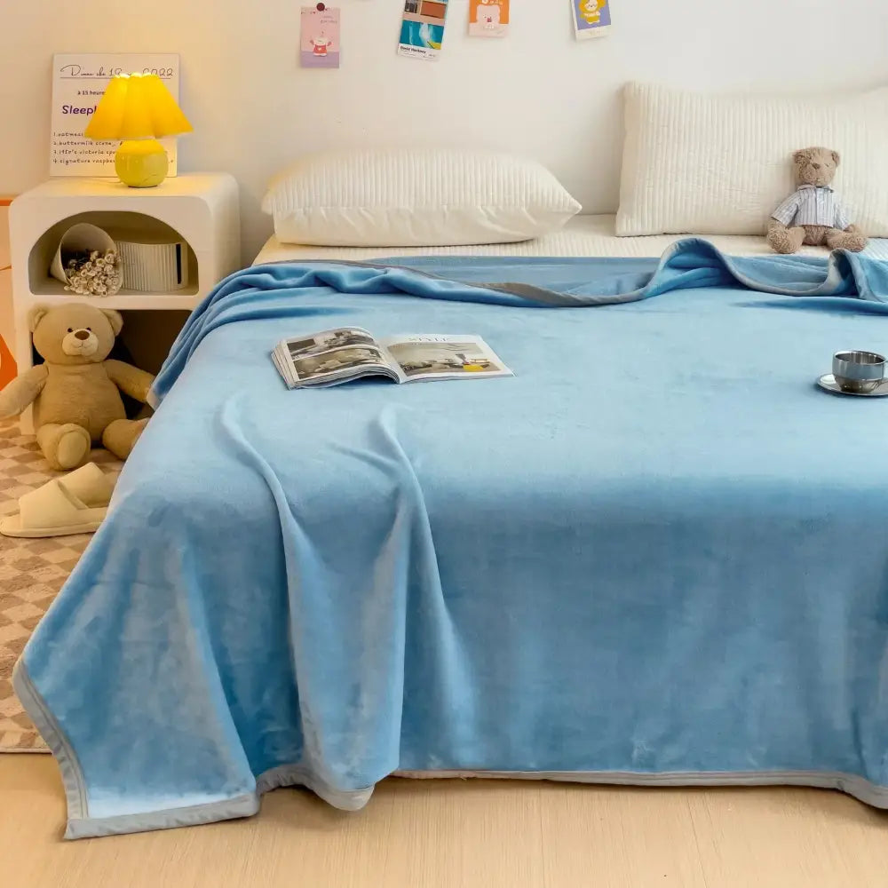 Soft light blue cartoon milk velvet teddy bear blanket with subtle gradient and gray border for bedroom decorbites cartoon milk