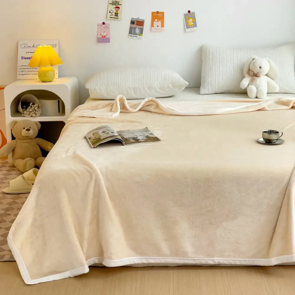 Cream-colored plush cartoon milk velvet teddy bear blanket with soft texture and white finished edges for bedroom decorbites cartoon milk velvet milk velvet blanket