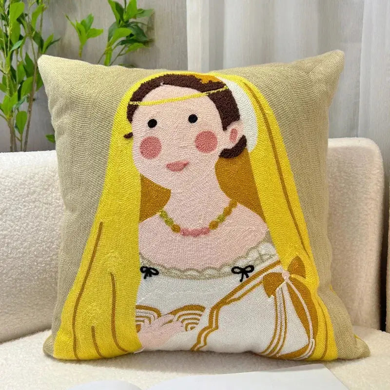 Beige decorbites cartoon oil embroidery throw pillow with colorful oil painting embroidery of woman for living room decor