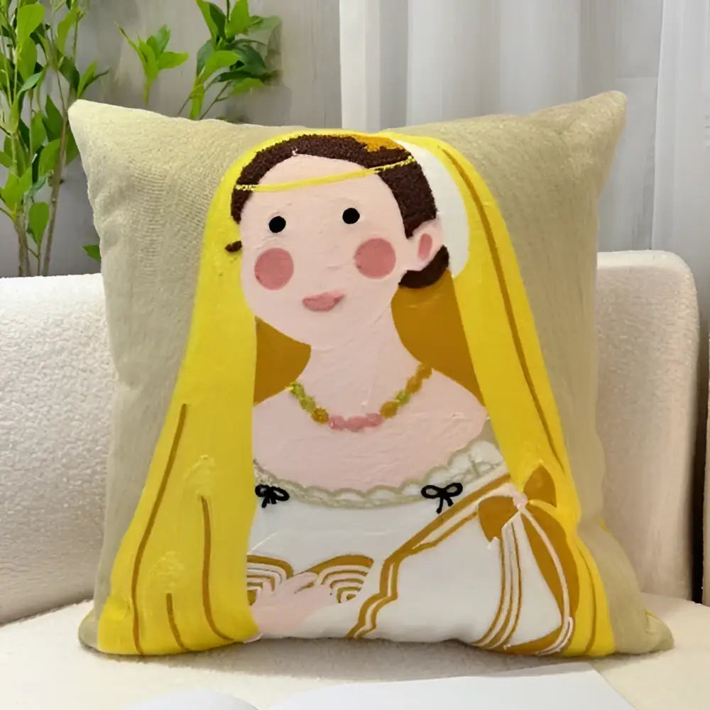 Beige needlepoint throw pillow with cartoon oil painting embroidery of a woman in yellow veil for living room decorbites decor