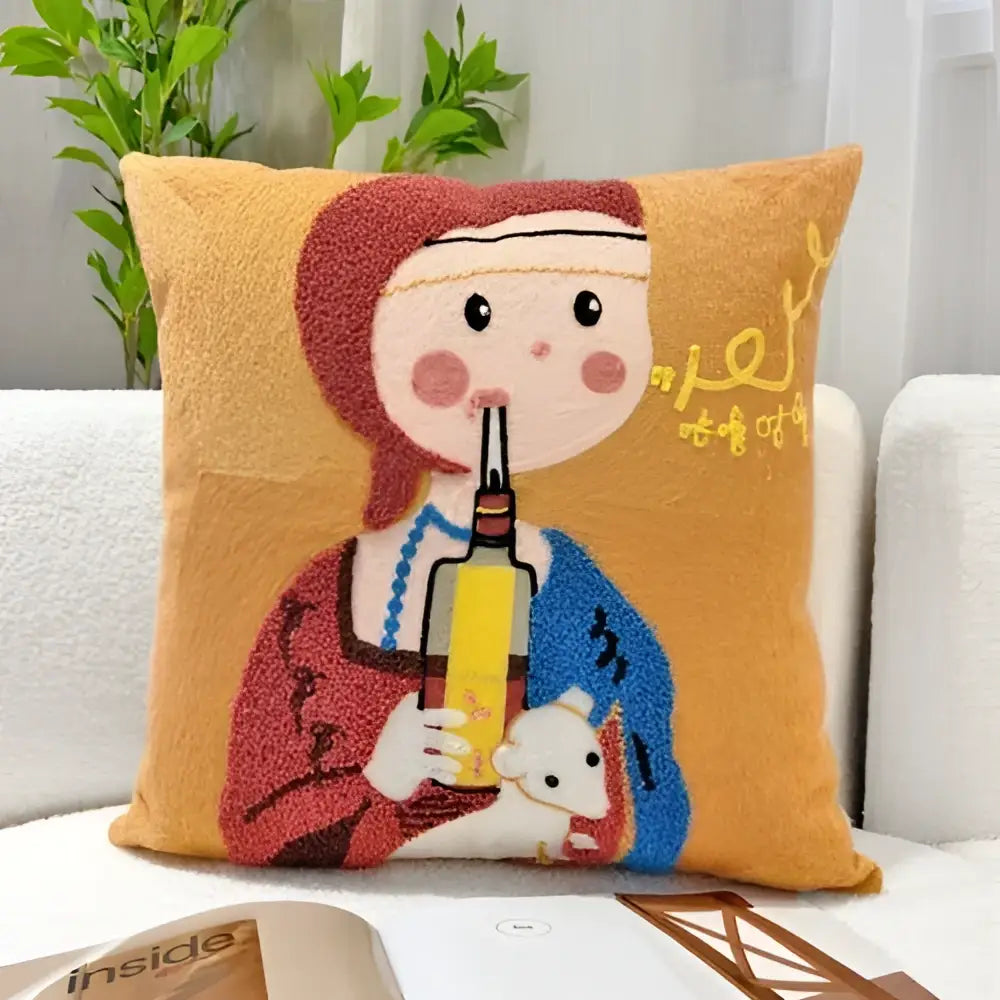 Orange throw pillow with decorbites cartoon oil painting embroidery of a girl holding a yellow bottle for living room decor