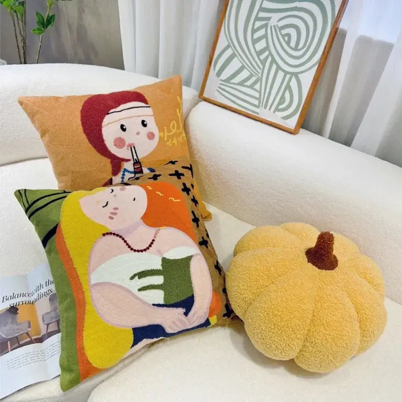 Yellow plush pumpkin-shaped throw pillow with brown stem featuring cartoon oil painting embroidery for living room decorbites decor