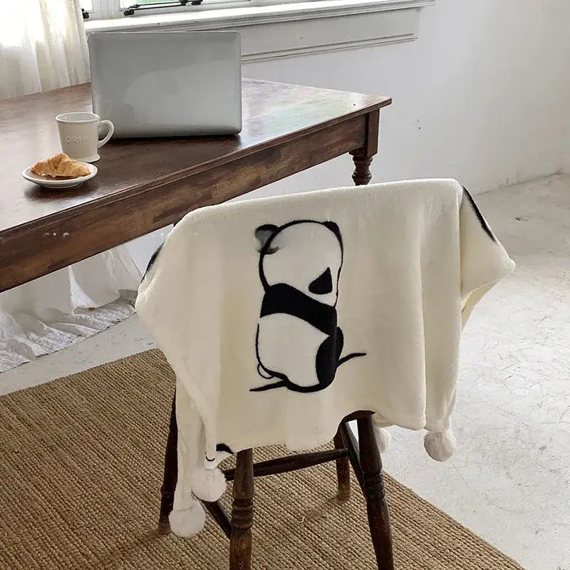 Cream-colored cartoon panda flannel white fleece blanket with pom pom trim for bedroom decorbites cartoon panda