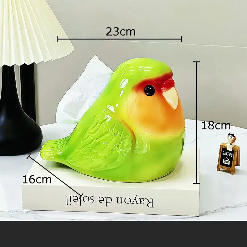 Glossy green and orange decorbites cartoon parrot ceramic tissue box with detailed feather texture for living room decor
