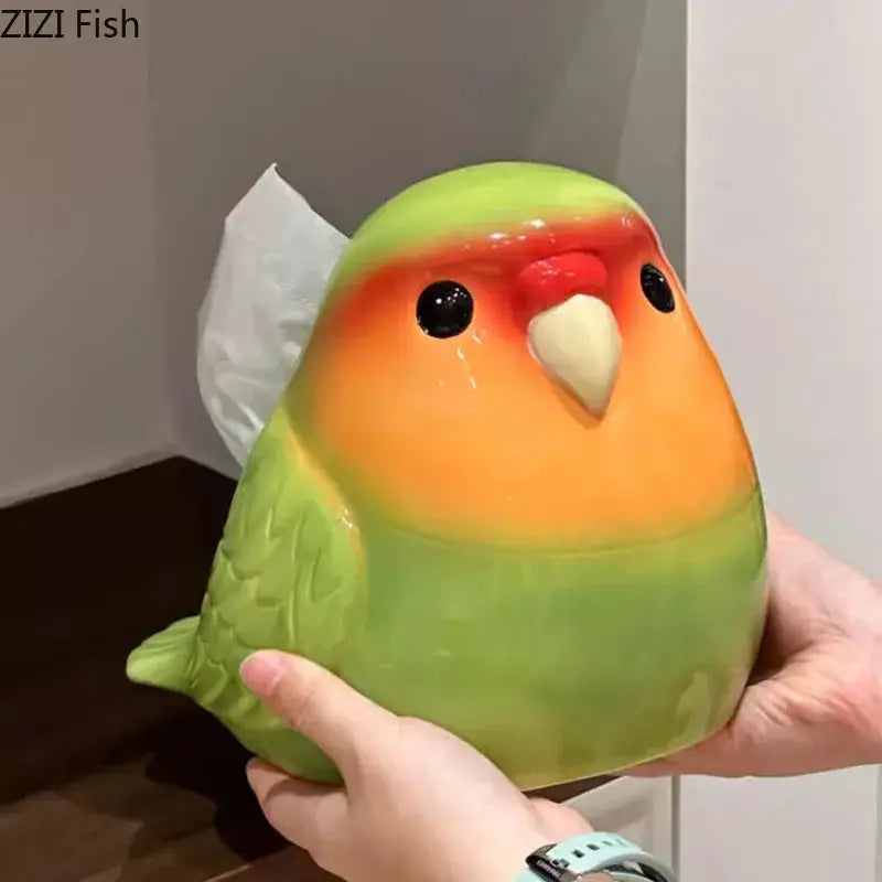 Cute green and orange decorbites cartoon parrot ceramic tissue box with glossy finish for living room decor