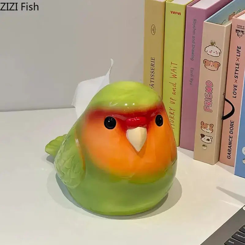 Glossy cartoon parrot ceramic tissue box in yellow green orange red hues for living room decor by decorbites
