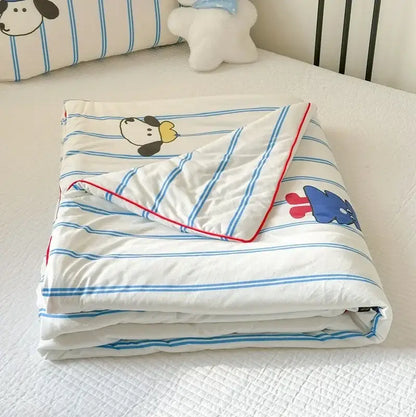 Cartoon patchwork white summer cooling blanket with blue stripes cartoon dog prints and red-trimmed edge by decorbites