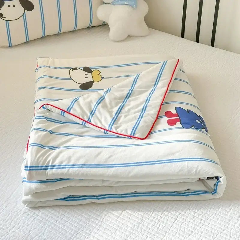 Cartoon patchwork white summer cooling blanket with blue stripes cartoon dog prints and red-trimmed edge by decorbites