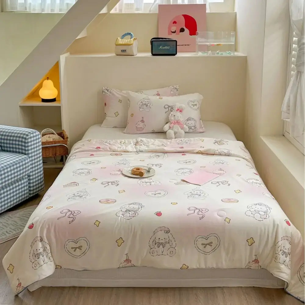 Pink and white cartoon patchwork summer cooling blanket with cute bear designs for bedroom decorbites comforter