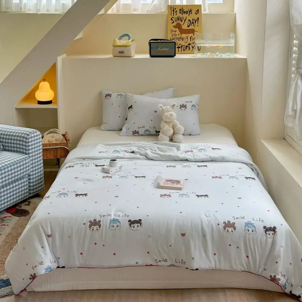 White quilt cartoon patchwork summer blanket with playful decorbites cartoon patchwork characters and smile life print