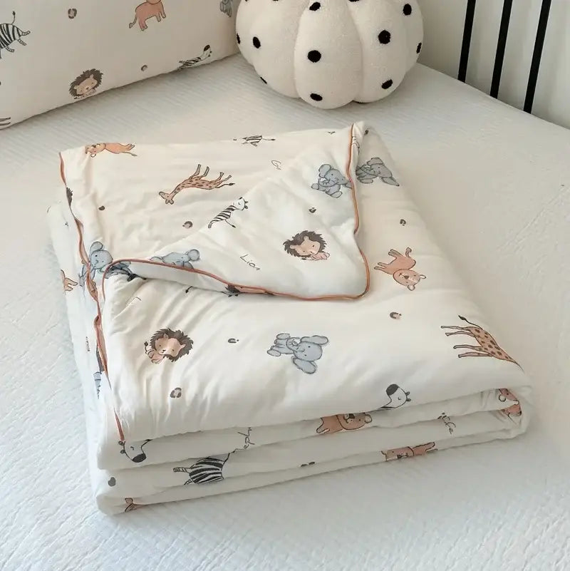 A cream-colored cartoon patchwork summer blanket with playful pastel giraffes lions and elephants for bedroom comfort