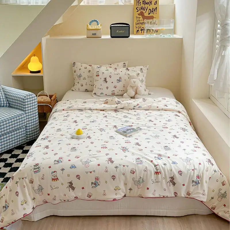 Cream-colored cartoon patchwork summer cooling blanket with pastel animal patterns and subtle red trim by decorbites