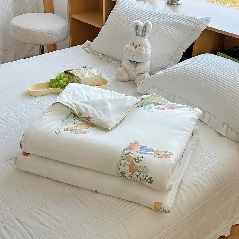 White quilt cartoon patchwork summer cooling blanket with soft embroidered bunny and floral pastel decorbites design