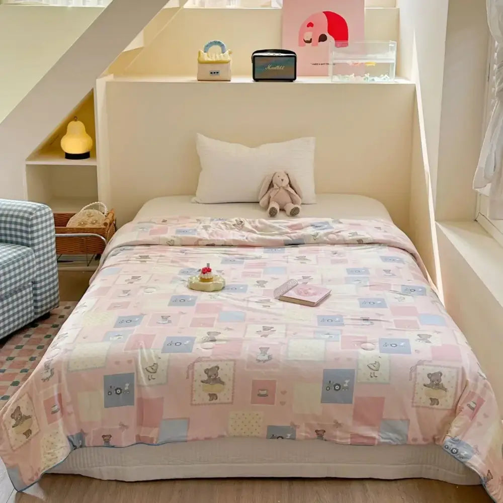 Pastel pink and blue cartoon patchwork summer cooling blanket with teddy bear motifs for bedroom comfort decorbites cartoon patchwork