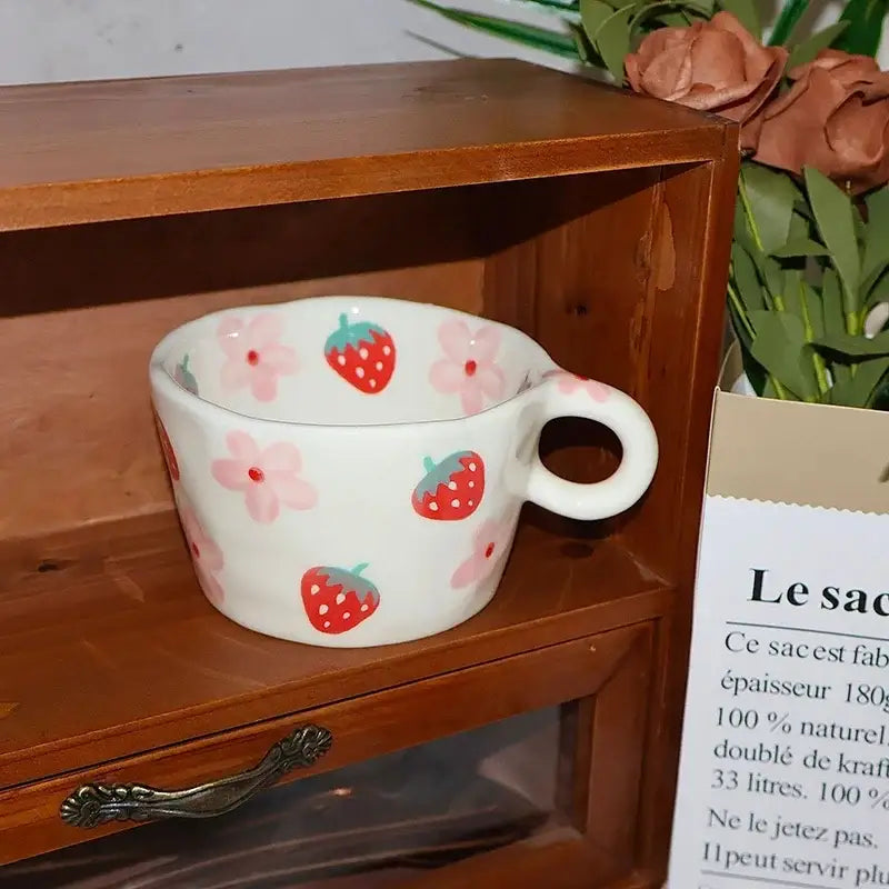 White ceramic cartoon pattern ceramic mug with red strawberries and pink flowers for decorbites pattern ceramic coffee use