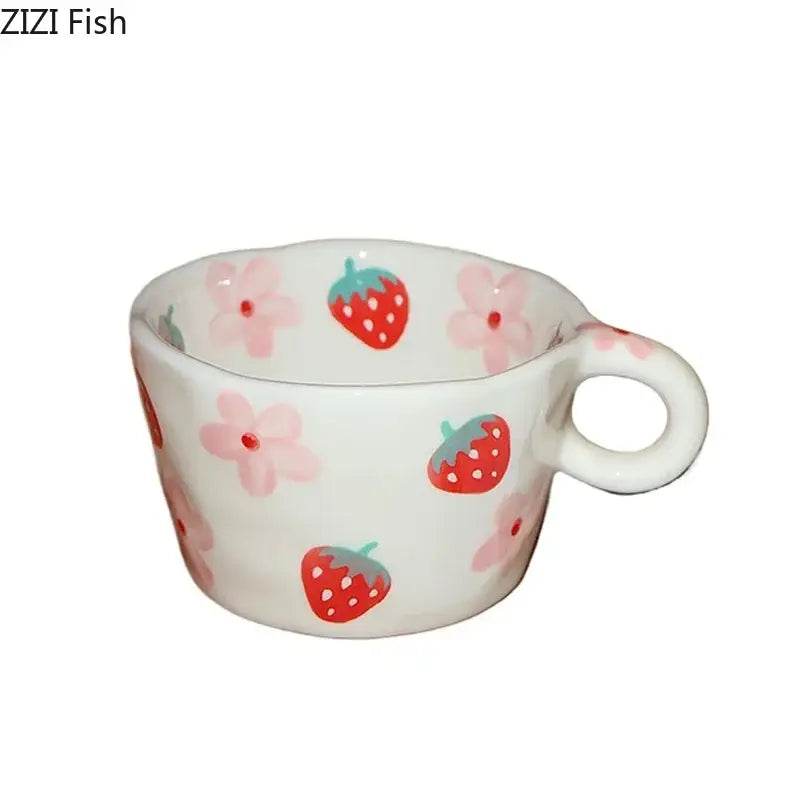 White ceramic cartoon pattern ceramic coffee mug with red strawberries and pink flowers for kitchen decorbites use
