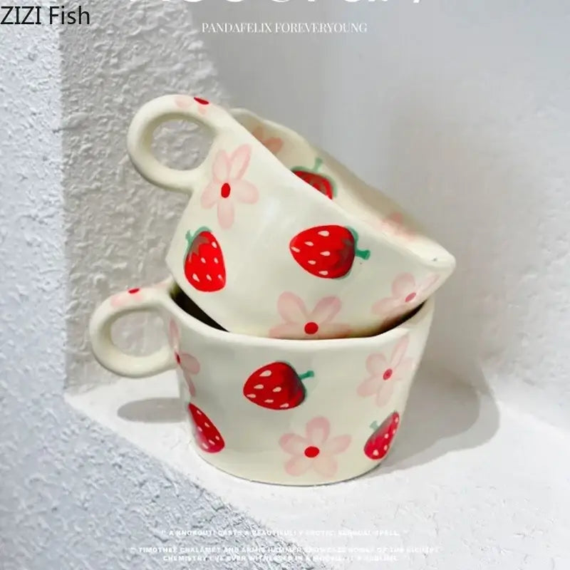 White ceramic cartoon pattern ceramic coffee mug with hand-painted red strawberries and pink flowers for kitchen decorbites