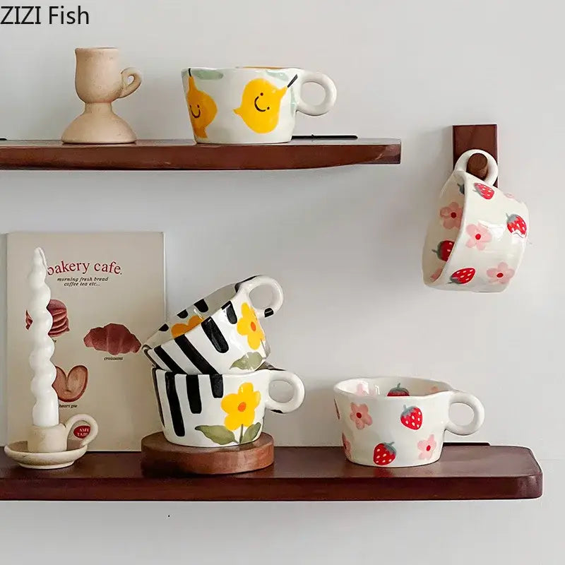 White ceramic mug set with colorful decorbites cartoon pattern featuring chicks stripes and strawberry designs