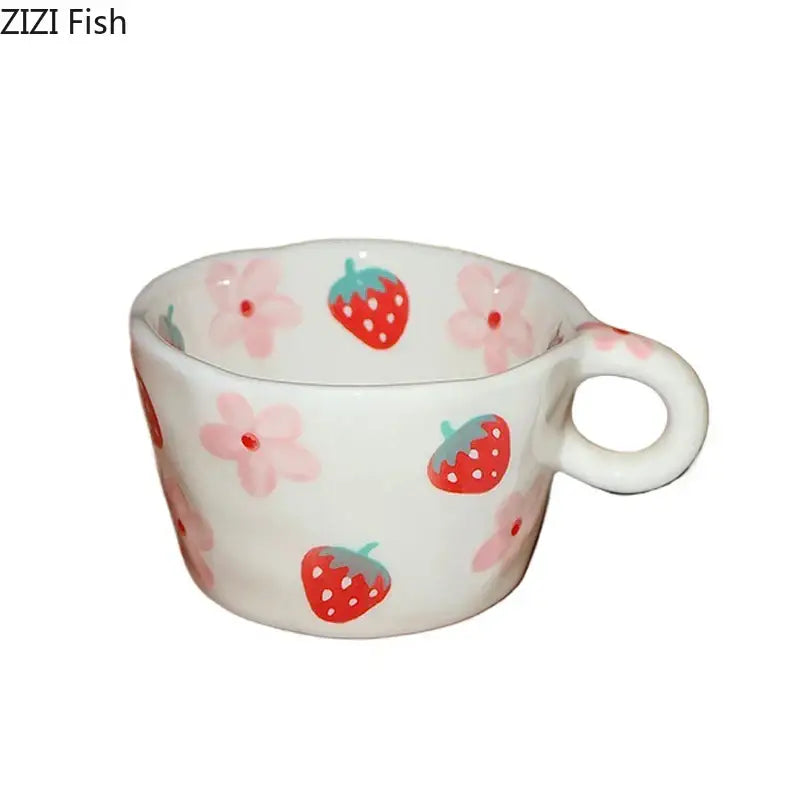 White ceramic mug from decorbites cartoon pattern ceramic mug set featuring red strawberries and pink flowers design