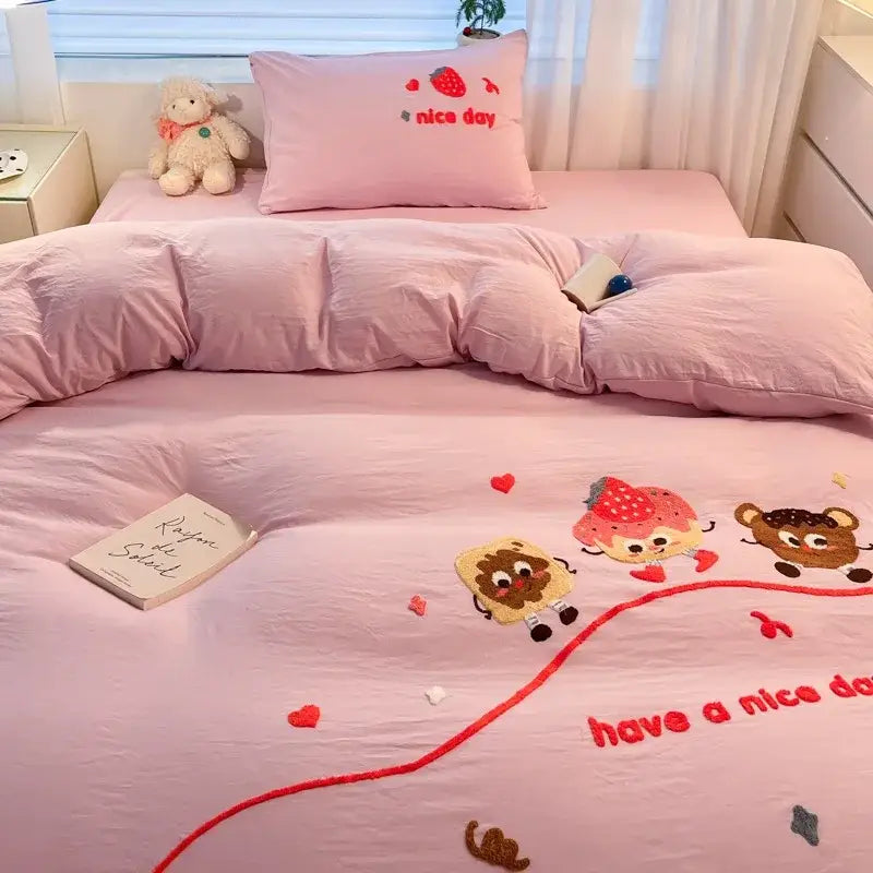 Pink cartoon pattern embroidered bedding sets with cute characters and strawberry motifs for bedroom decorbites decor