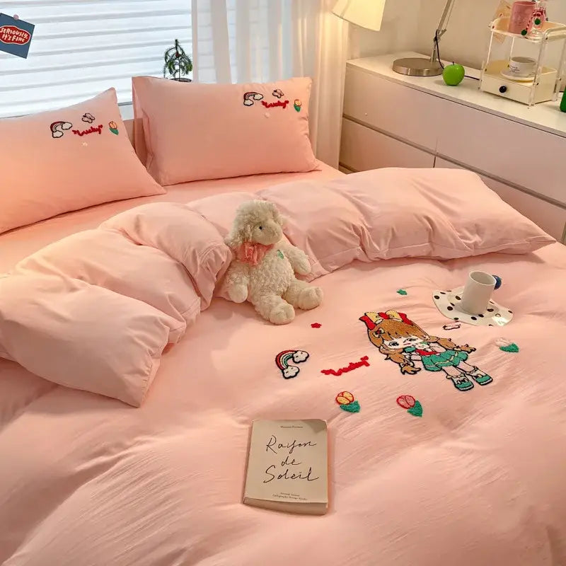 Pastel pink cartoon pattern embroidered bedding set with colorful floral and rainbow accents for bedroom decorbites decor