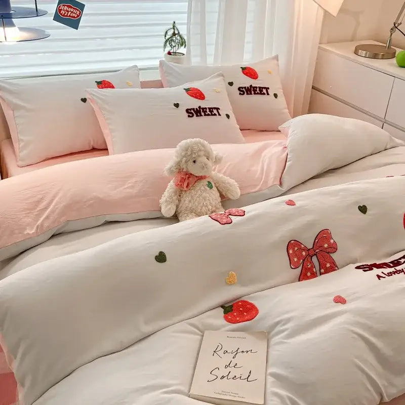 Soft white duvet bedding set with cartoon pattern embroidered strawberry and bow details for bedroom decorbites decor