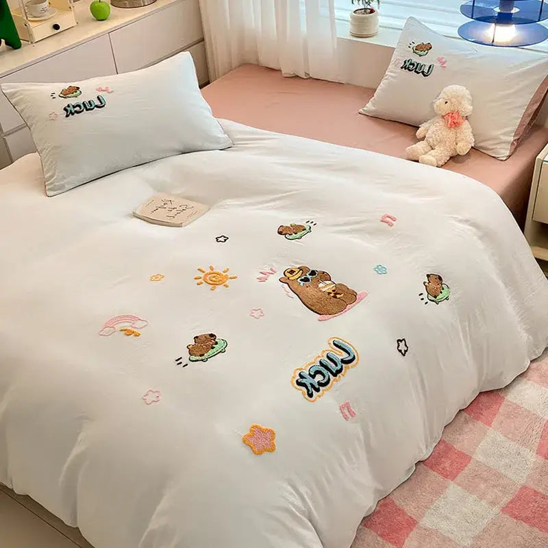 White bedding sets with pastel embroidered cartoon bears suns and stars featuring decorbites cartoon pattern design