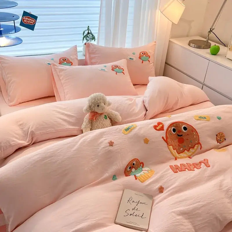 Pink embroidered donut-themed bedding sets with decorbites cartoon pattern on soft fabric for bedroom decor