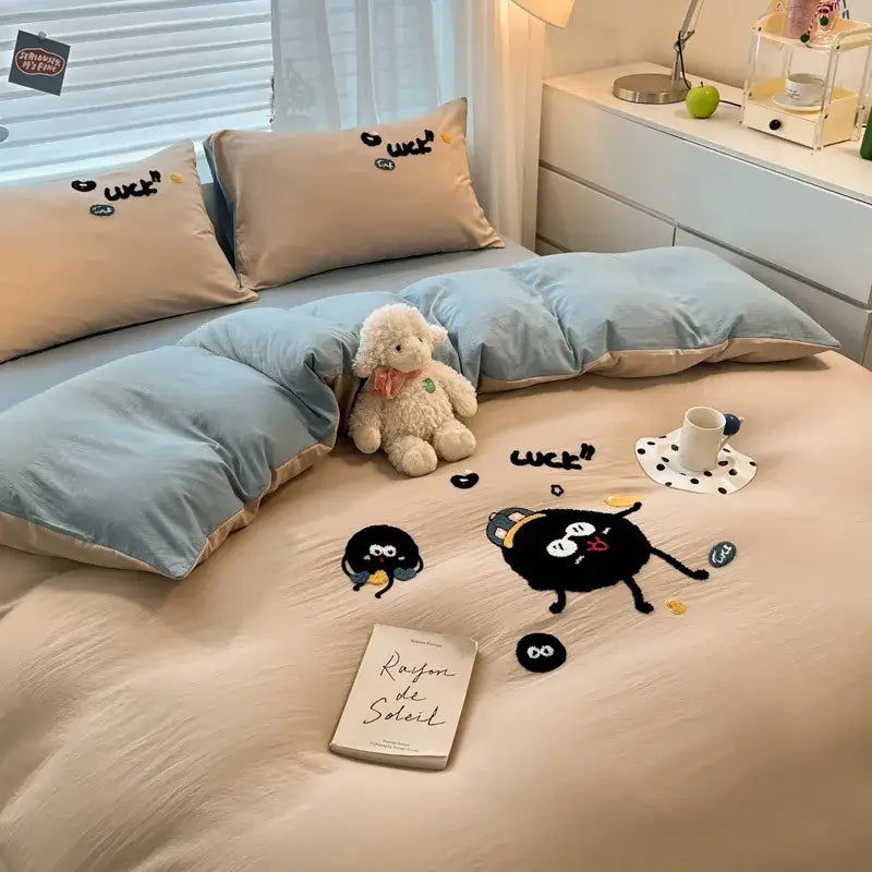 Beige and light blue cartoon pattern embroidered cream bedding sets featuring luck designs for bedroom decorbites decor