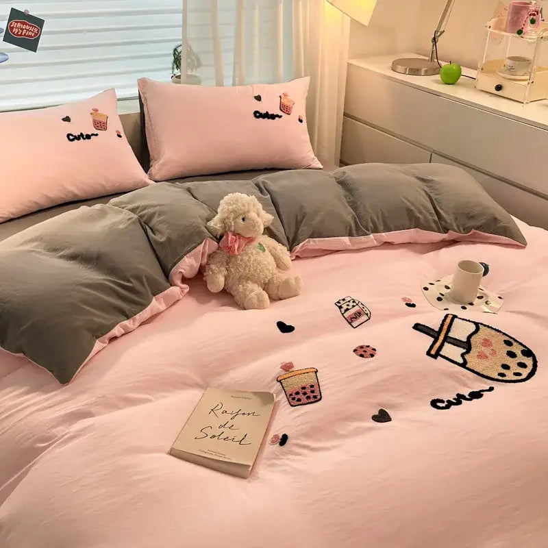 Pink satin-like comforter from decorbites cartoon pattern embroidered bedding sets with bubble tea and heart designs