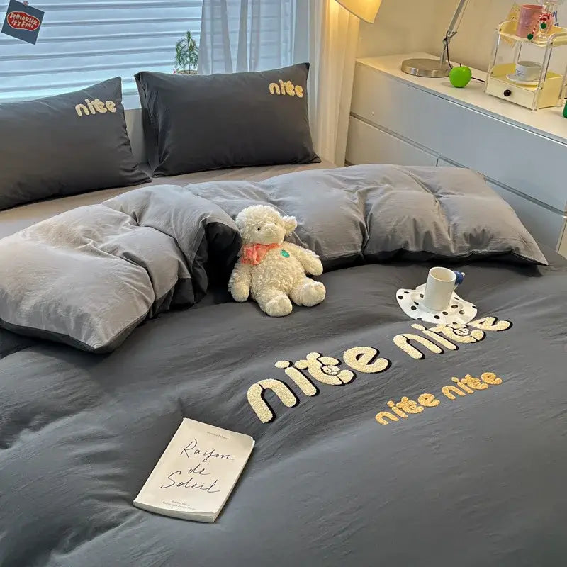 Gray bedding sets with nice embroidered in gold thread on duvet cover and pillows for decorbites cartoon pattern decorbites cartoon pattern embroidered cream bedding sets bedroom decor luck