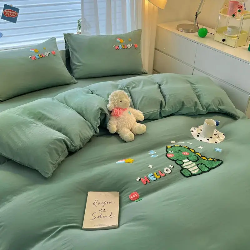 Mint green dinosaur-themed bedding sets with cartoon pattern embroidered hello and colorful accents for bedroom decorbites decor