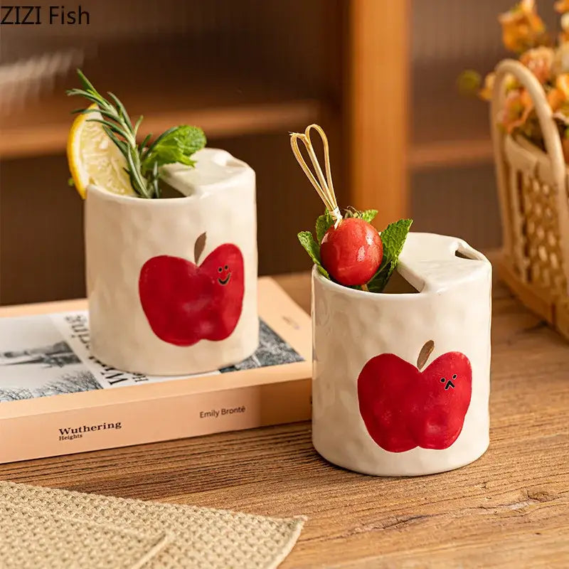 Cartoon pattern porcelain toothbrush holder featuring ceramic apple-themed mugs with textured white finish and red smiling apples