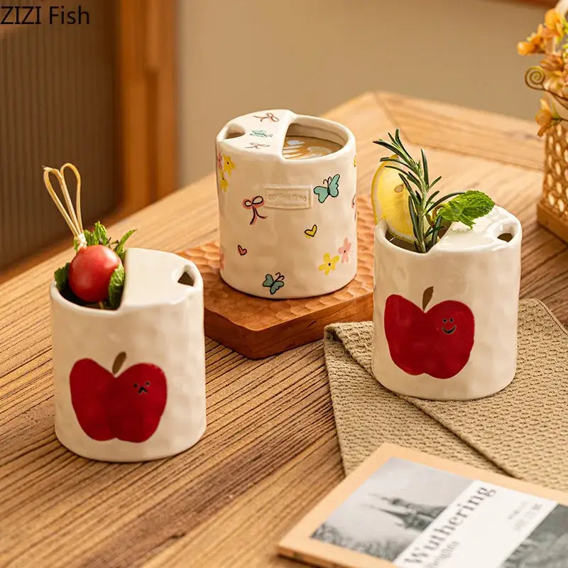 Cartoon pattern porcelain toothbrush holder featuring white ceramic cups with red apple and colorful butterfly designs