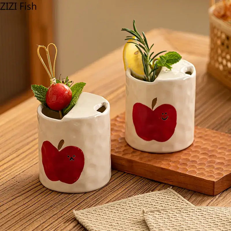 Cartoon pattern porcelain toothbrush holder featuring white ceramic pattern porcelain cup with red apple design and textured surface