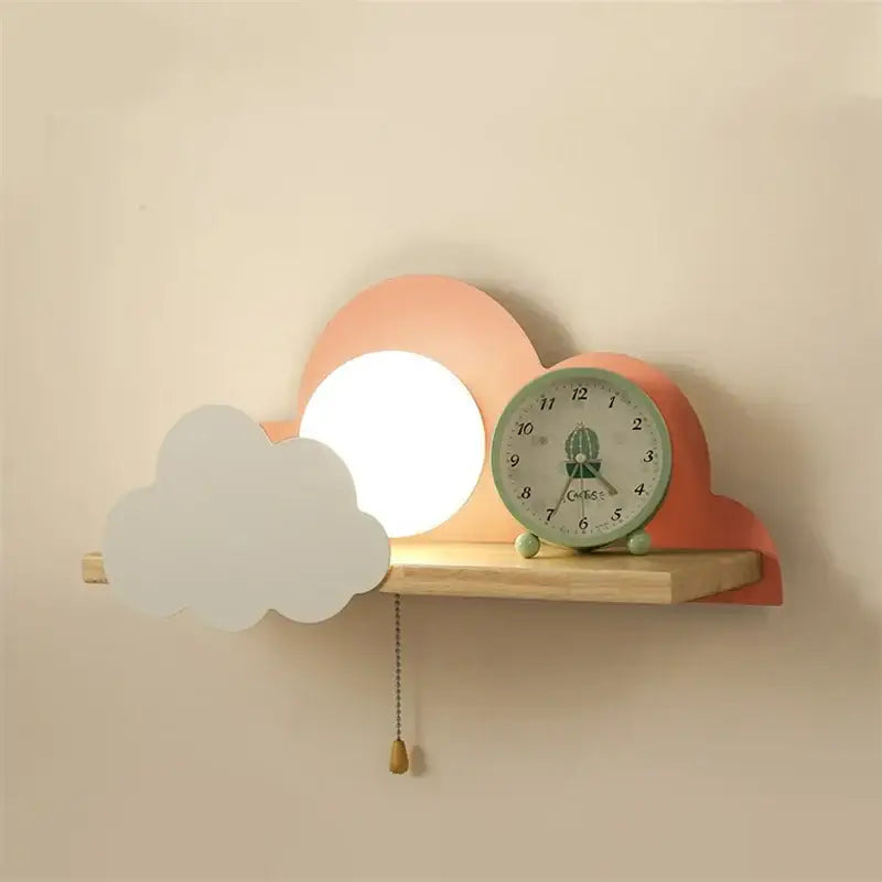 Pastel pink and white cartoon peach and white cloud moon wall lamp with shelf clock and pull switch decorbites cloud moon wall