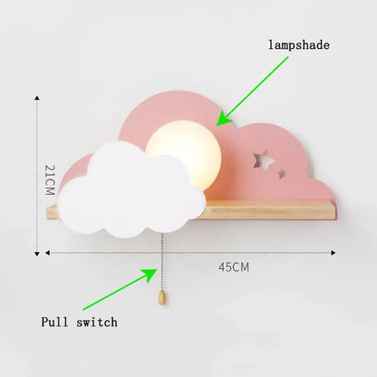 Cartoon peach and white cloud moon wall lamp with wooden shelf base and pull switch by decorbites cloud moon wall lamp