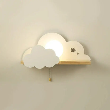 Cartoon peach and white cloud moon wall lamp with wooden shelf and star cutouts featuring warm glow decorbites cloud moon