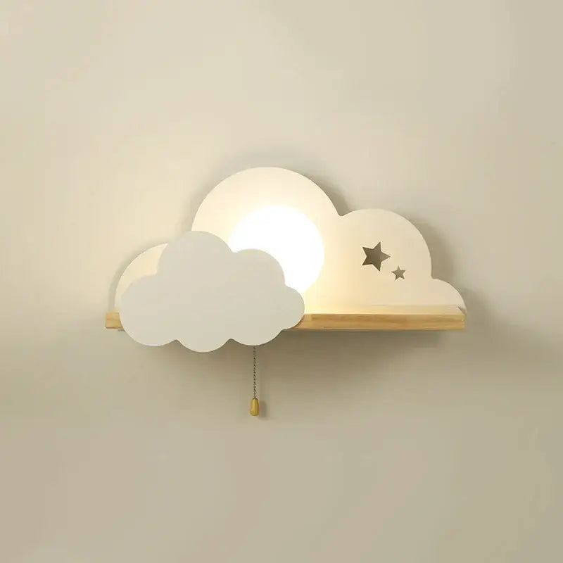 Cartoon peach and white cloud moon wall lamp with wooden shelf and star cutouts featuring warm glow decorbites cloud moon