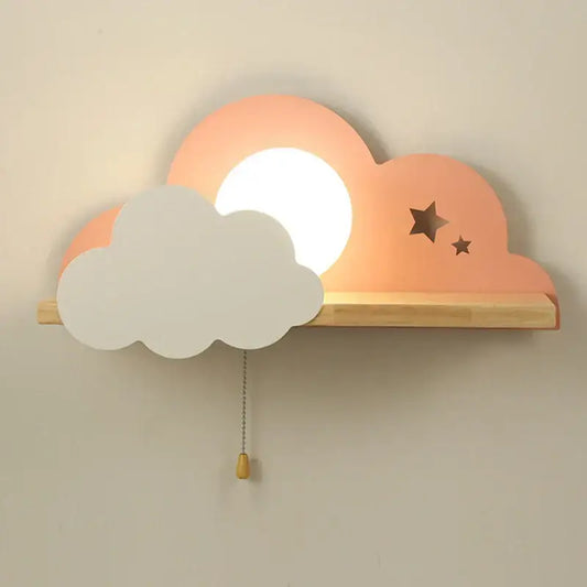 Pastel peach and white cloud moon wall lamp with wooden shelf star cutouts and pull switch by decorbites cloud moon wall lamp